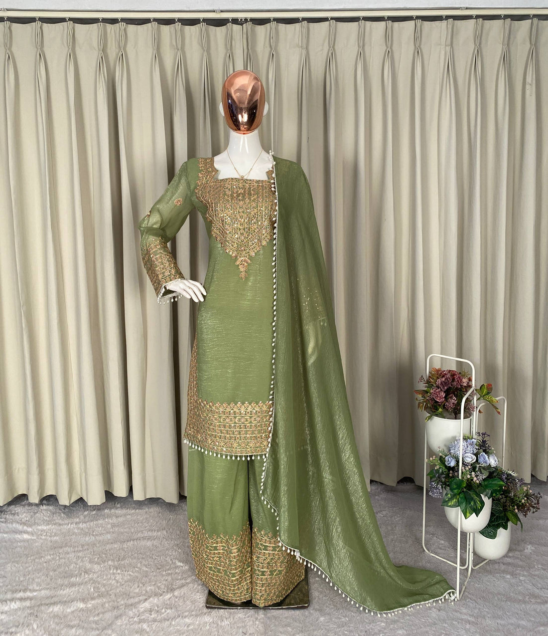 Designer Party Wear Embroidered Top with Palazzo and Dupatta Set