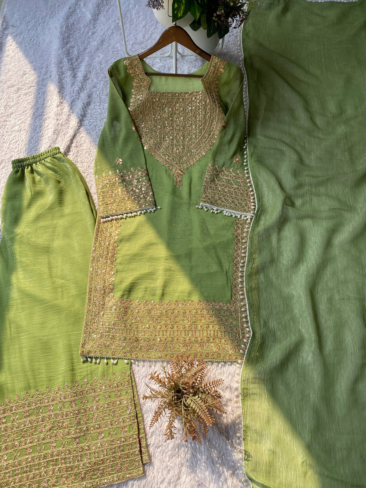 Designer Party Wear Embroidered Top with Palazzo and Dupatta Set