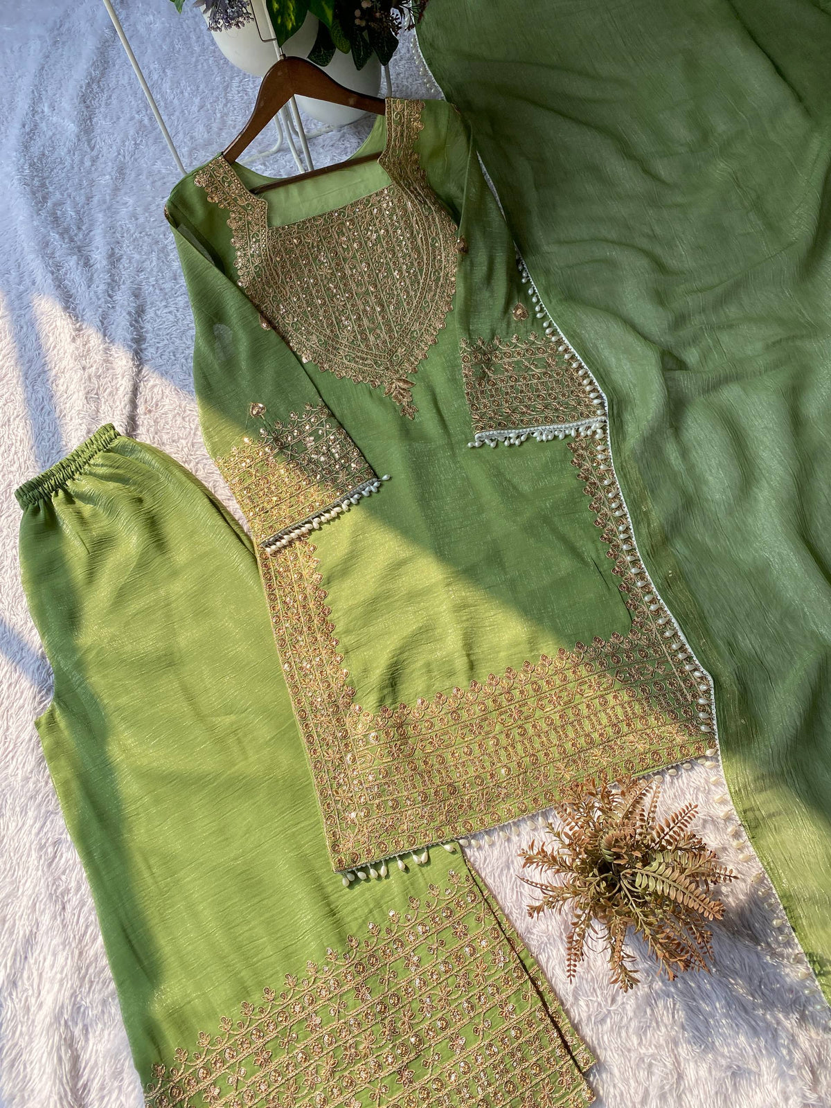 Designer Party Wear Embroidered Top with Palazzo and Dupatta Set