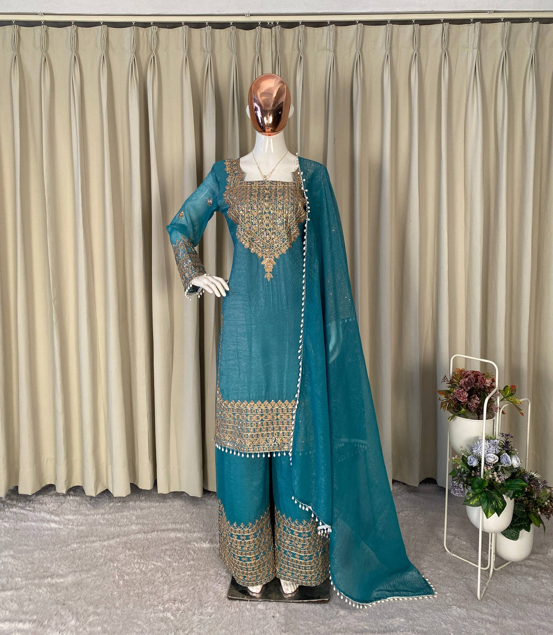 Designer Party Wear Embroidered Top with Palazzo and Dupatta Set