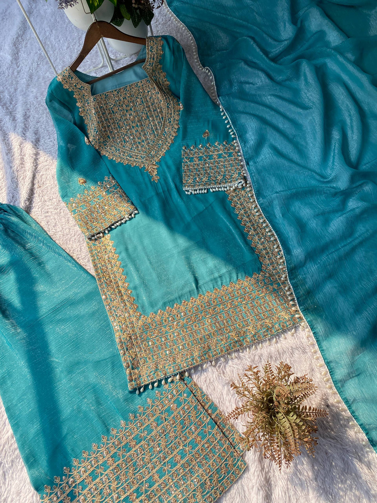Designer Party Wear Embroidered Top with Palazzo and Dupatta Set