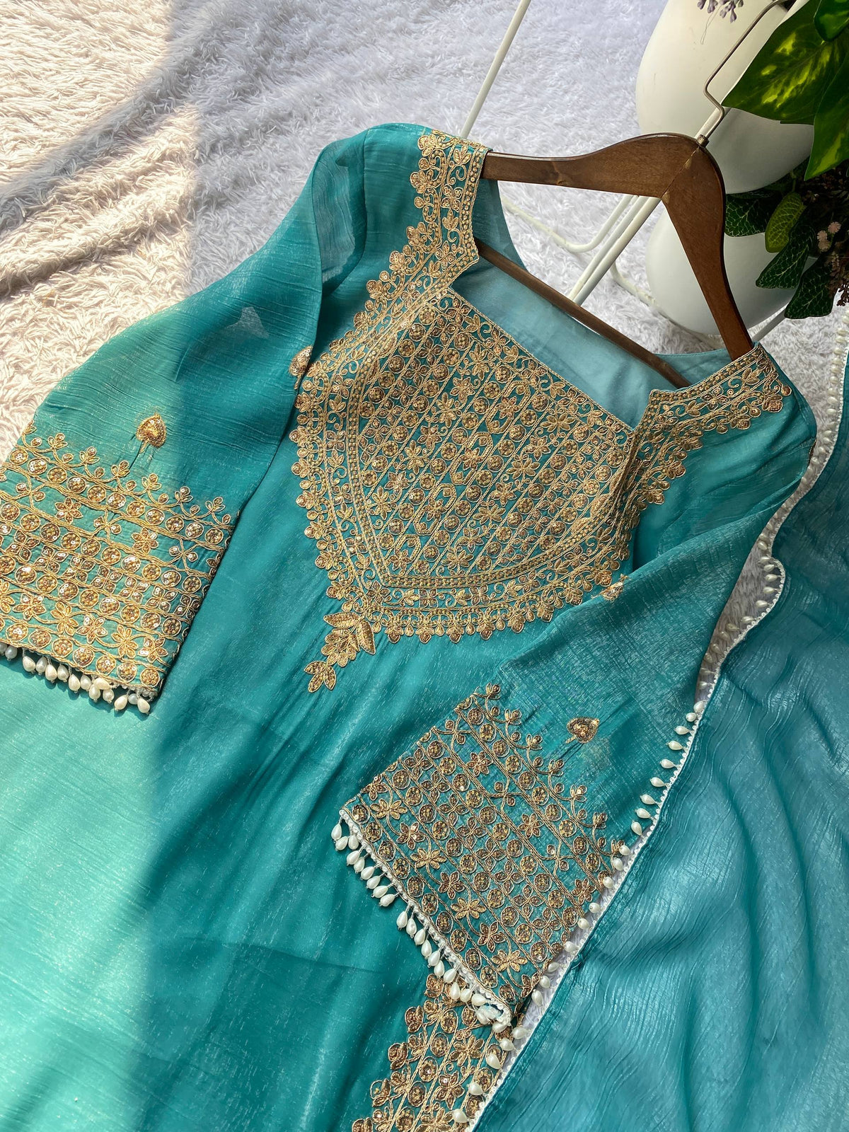 Designer Party Wear Embroidered Top with Palazzo and Dupatta Set
