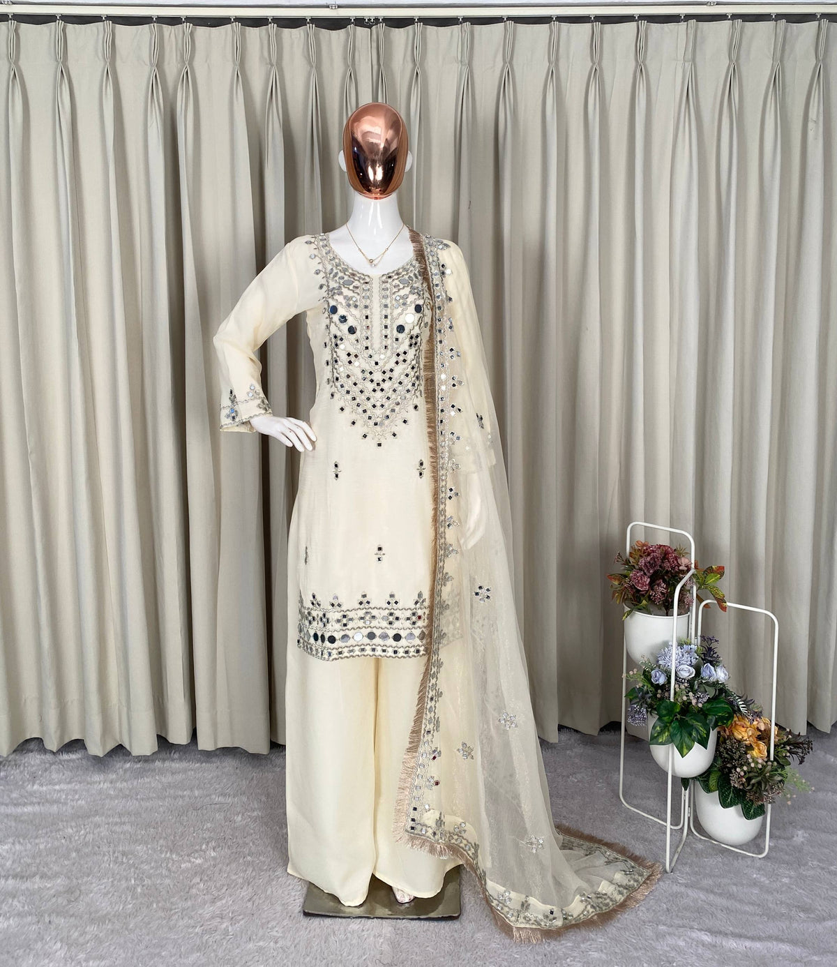 PERFECT FOR PARTY AND WEDDING OUR DESIGNER WEAR REAL MIRROR WITH EMBROIDERED TOP PLAZZO AND DUPATTA