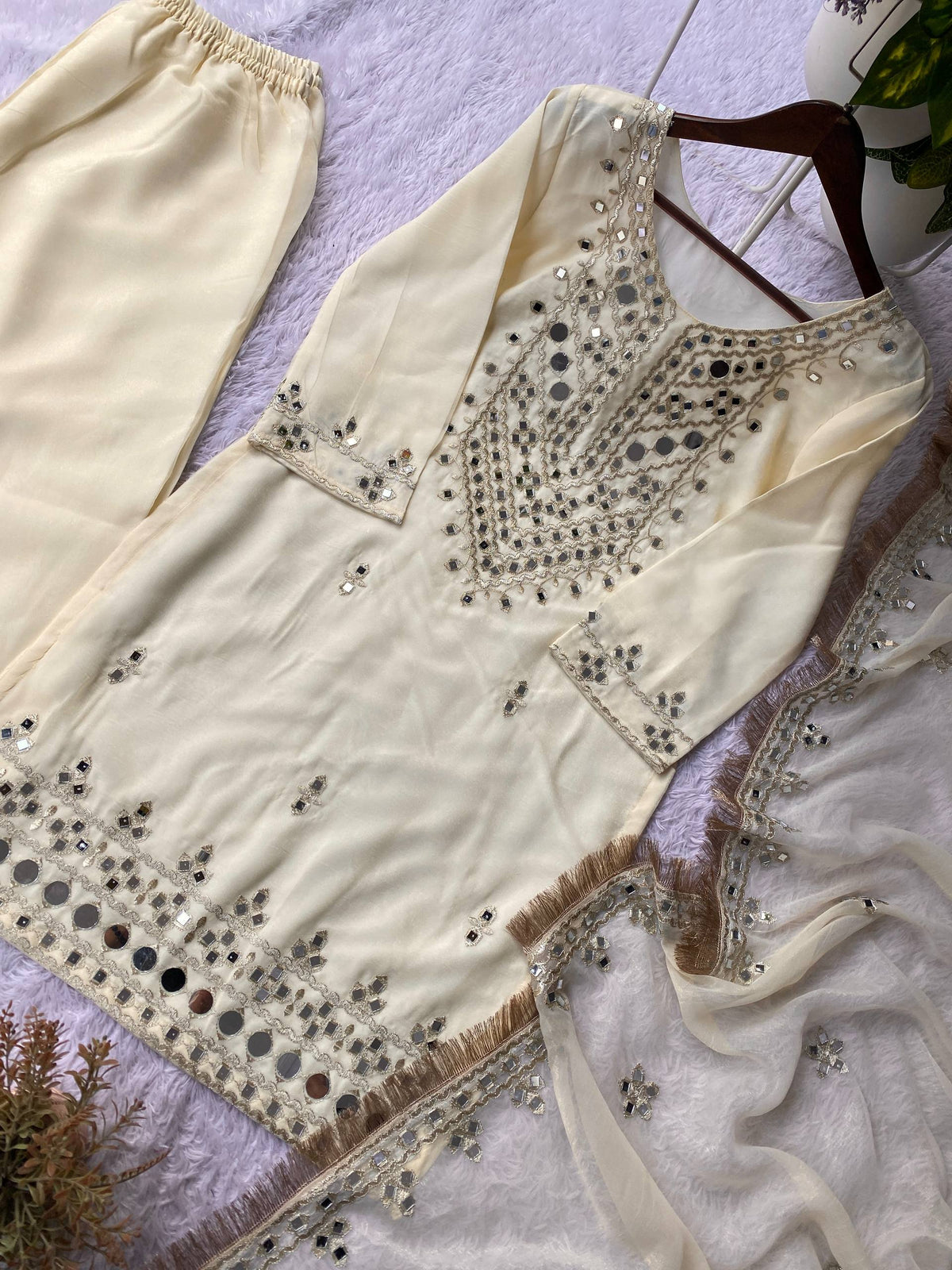 PERFECT FOR PARTY AND WEDDING OUR DESIGNER WEAR REAL MIRROR WITH EMBROIDERED TOP PLAZZO AND DUPATTA