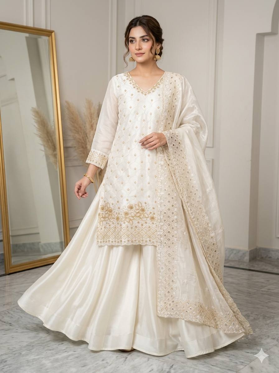 Women's Off-White Heavy Embroidery Kurta with Flared Palazzo Skirt and Dupatta Set