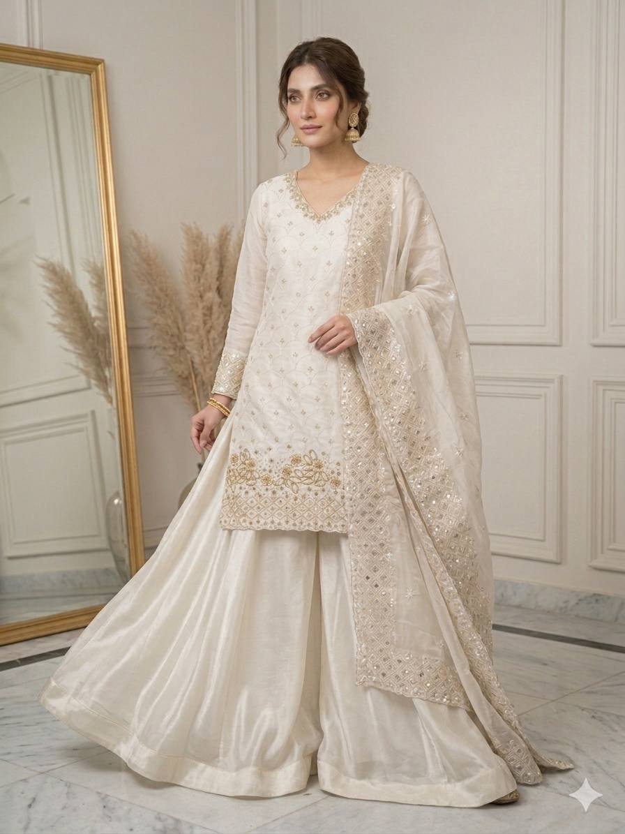 Women's Off-White Heavy Embroidery Kurta with Flared Palazzo Skirt and Dupatta Set
