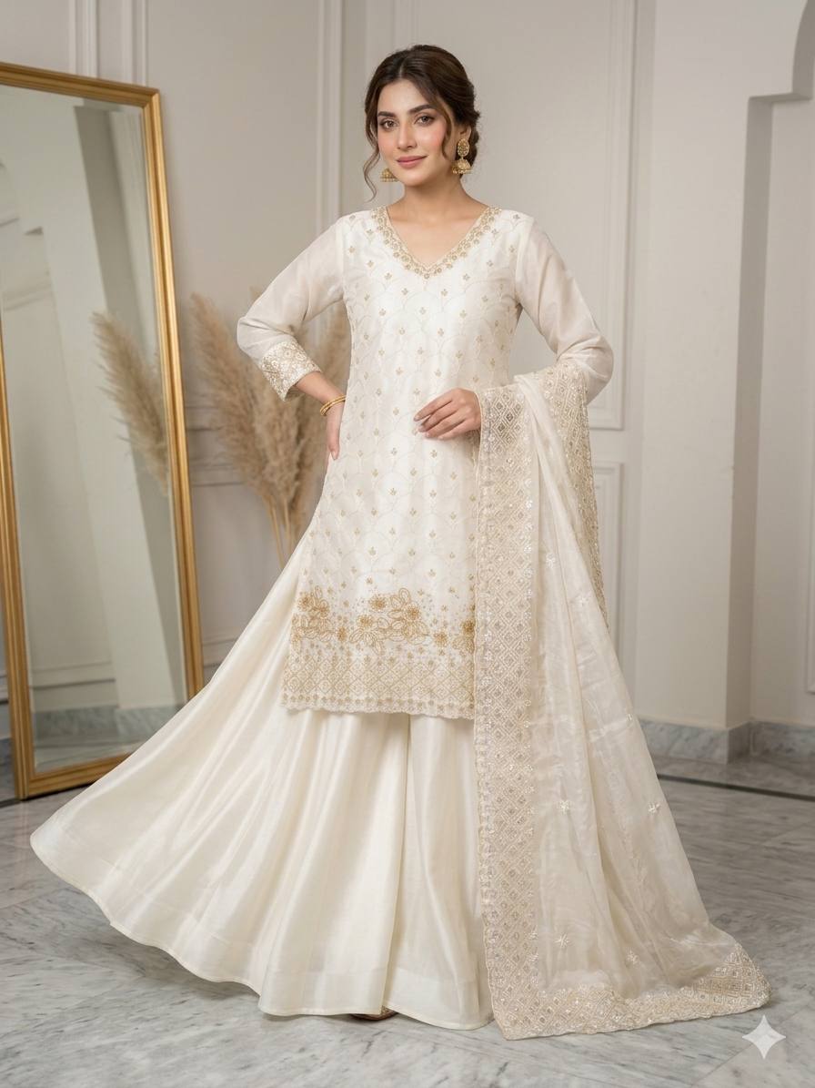 Women's Off-White Heavy Embroidery Kurta with Flared Palazzo Skirt and Dupatta Set