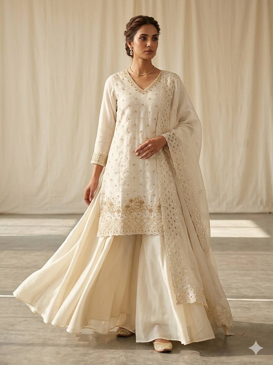 Women's Off-White Heavy Embroidery Kurta with Flared Palazzo Skirt and Dupatta Set