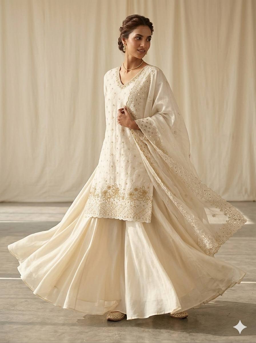 Women's Off-White Heavy Embroidery Kurta with Flared Palazzo Skirt and Dupatta Set