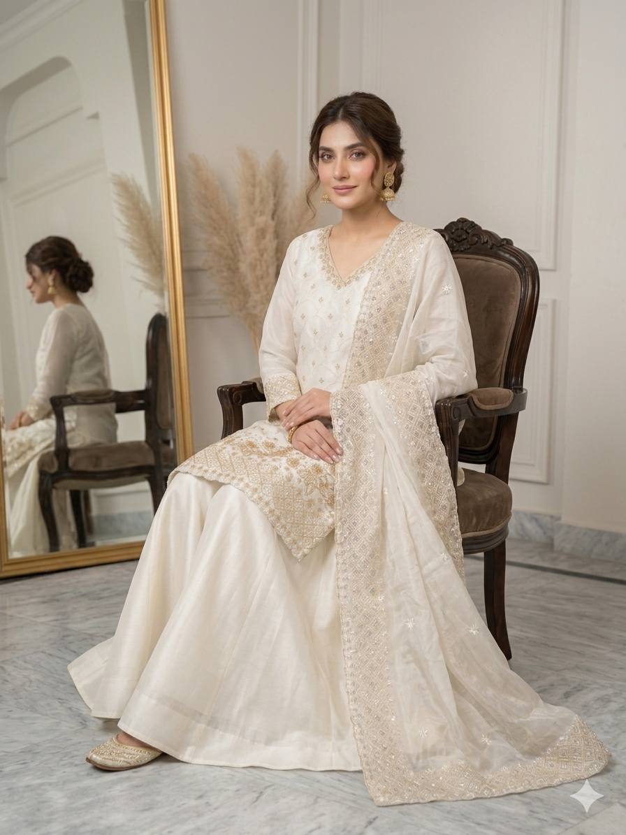 Women's Off-White Heavy Embroidery Kurta with Flared Palazzo Skirt and Dupatta Set