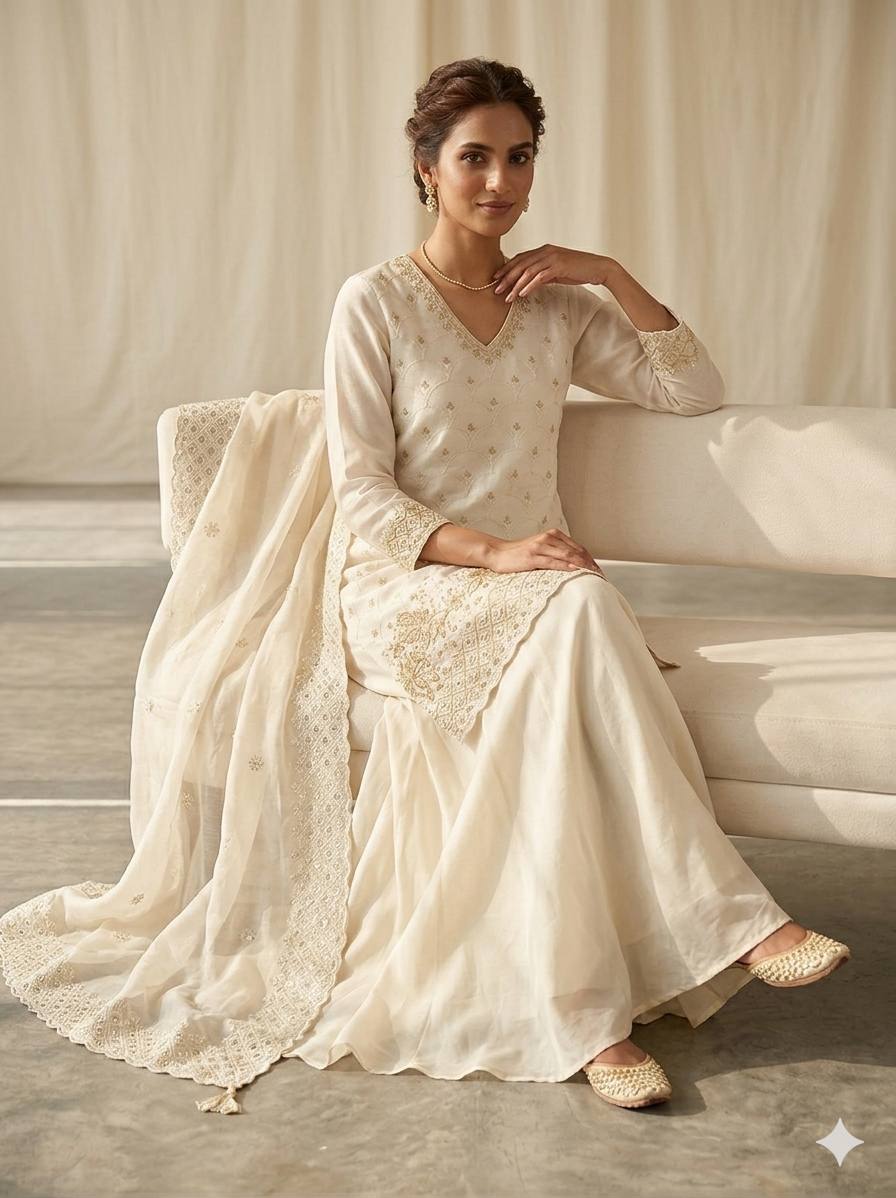 Women's Off-White Heavy Embroidery Kurta with Flared Palazzo Skirt and Dupatta Set