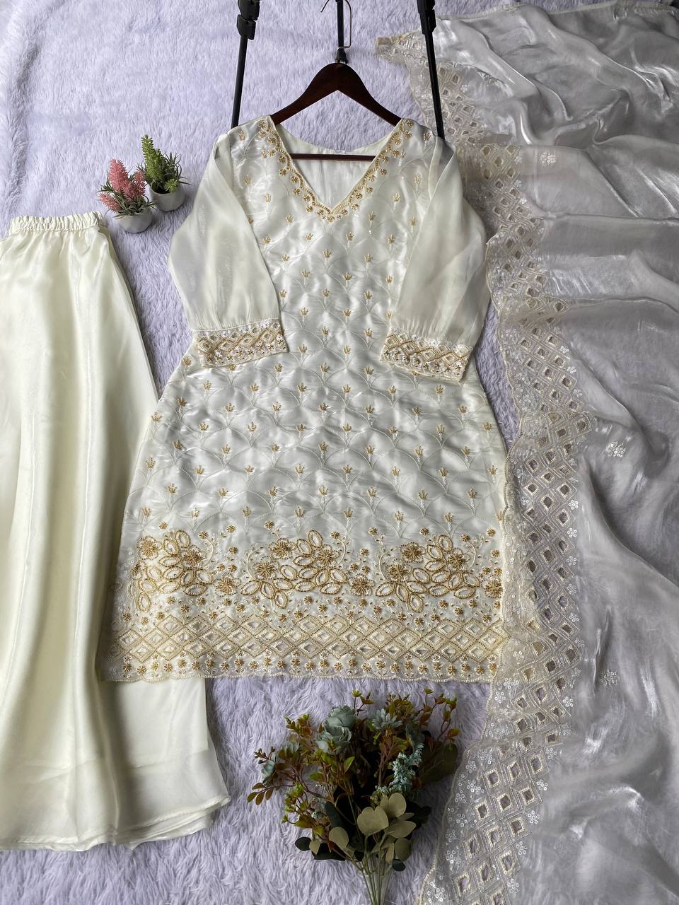 Women's Off-White Heavy Embroidery Kurta with Flared Palazzo Skirt and Dupatta Set
