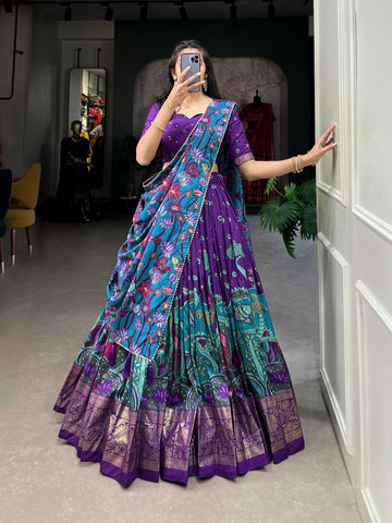 Teal & Regal Purple Tussar Silk Kalamkari Print Lehenga Set