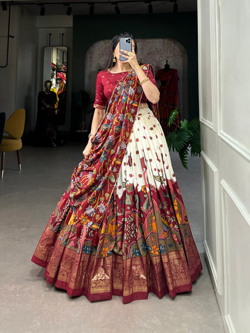 Ivory & Regal Maroon Tussar Silk Kalamkari Print Lehenga Set