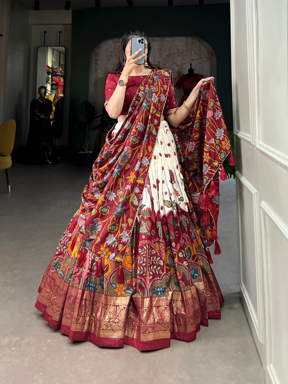 Ivory & Regal Maroon Tussar Silk Kalamkari Print Lehenga Set