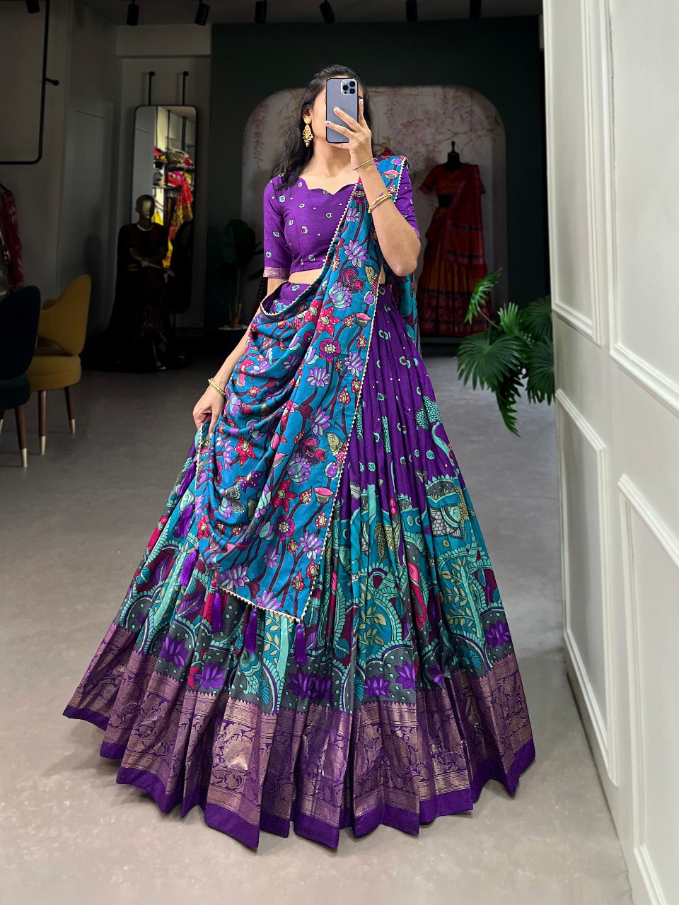 Teal & Regal Purple Tussar Silk Kalamkari Print Lehenga Set