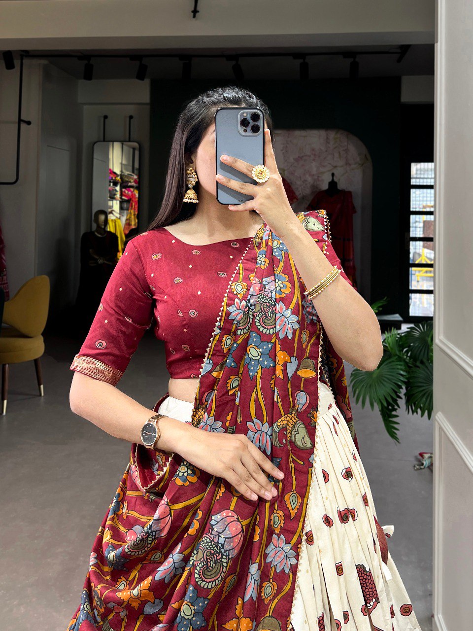 Ivory & Regal Maroon Tussar Silk Kalamkari Print Lehenga Set