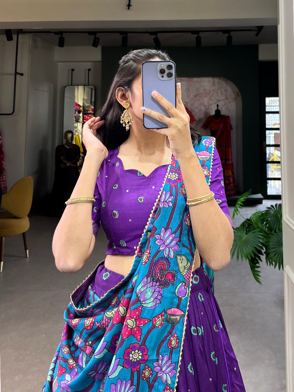 Teal & Regal Purple Tussar Silk Kalamkari Print Lehenga Set