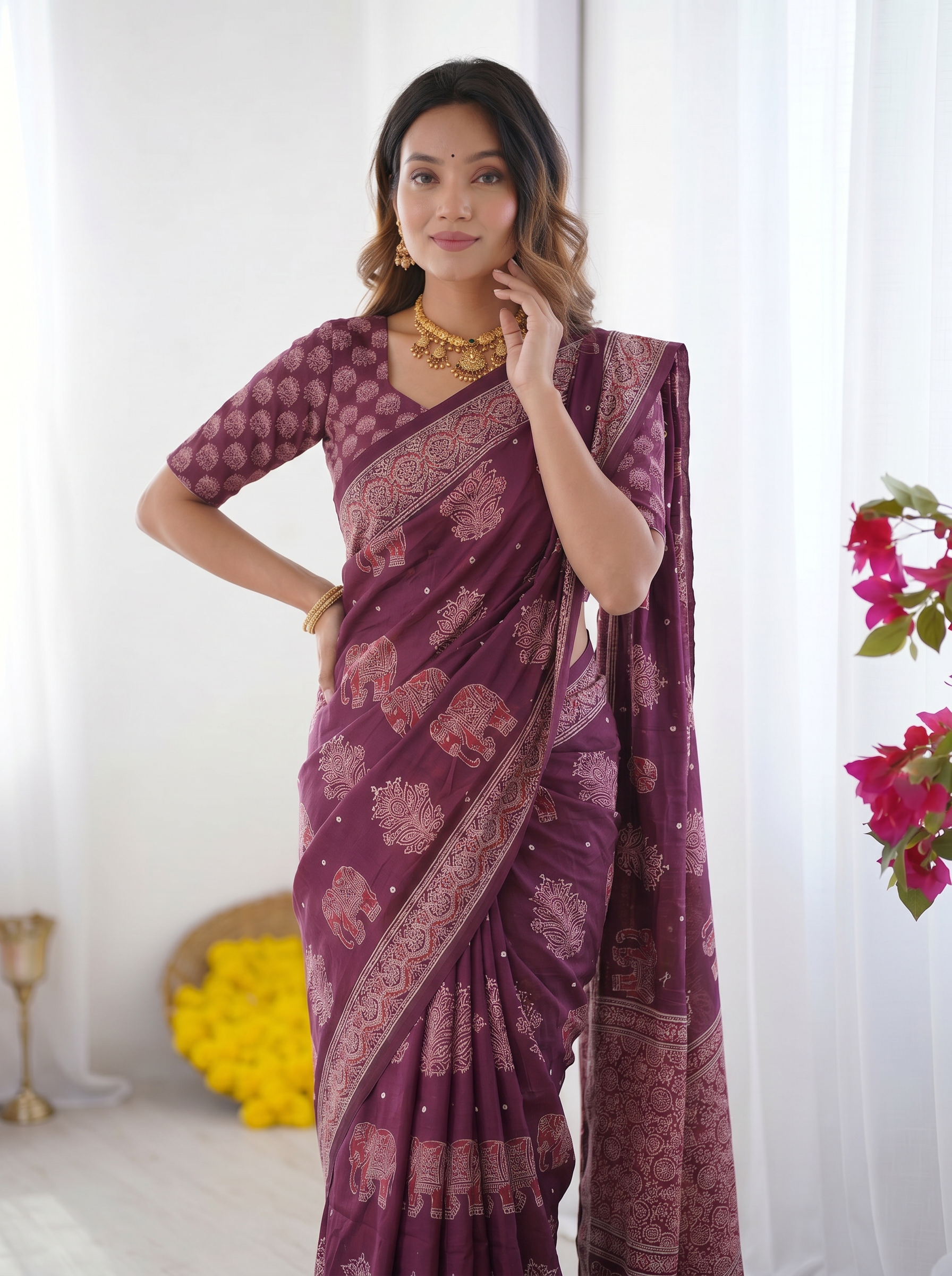 Plum Purple Modal Silk Saree with Elephant Motif Print & Heritage Designer Pallu | Traditional Festive Wear Saree