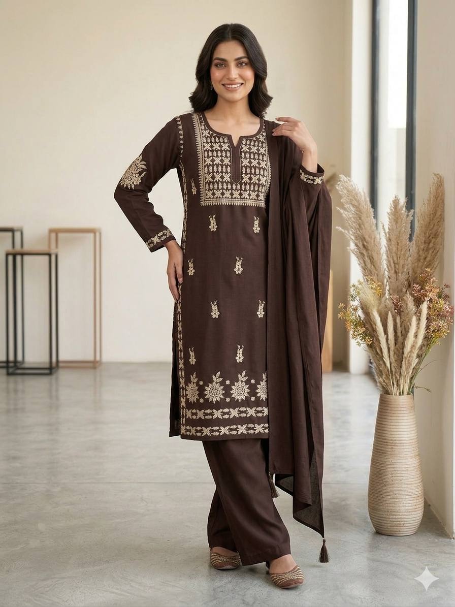 Designer Chikankari Embroidered Top, Palazzo & Dupatta Set