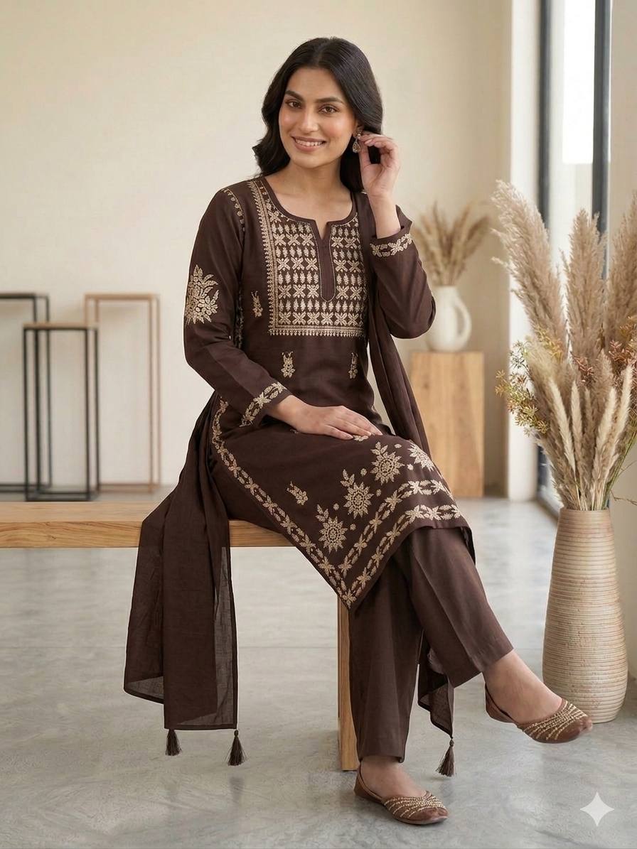 Designer Chikankari Embroidered Top, Palazzo & Dupatta Set