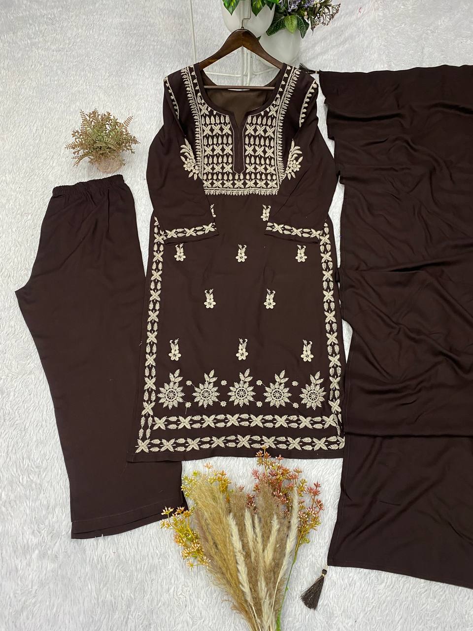 Designer Chikankari Embroidered Top, Palazzo & Dupatta Set
