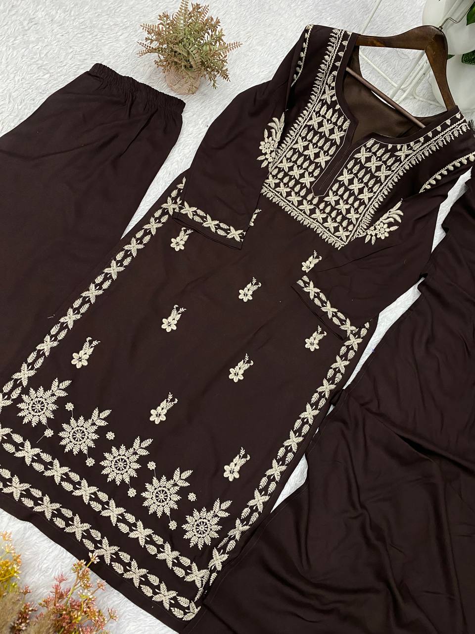Designer Chikankari Embroidered Top, Palazzo & Dupatta Set