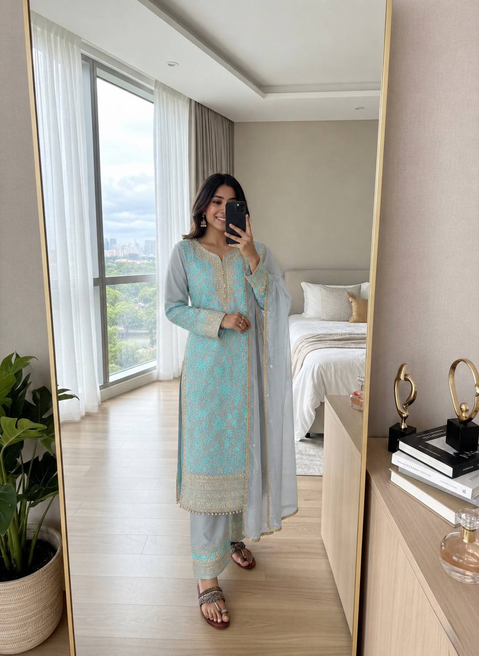 Elegant Pastel Blue Embroidered Straight Kurta & Pant Set with Dupatta