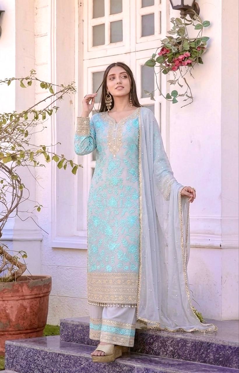 Elegant Pastel Blue Embroidered Straight Kurta & Pant Set with Dupatta