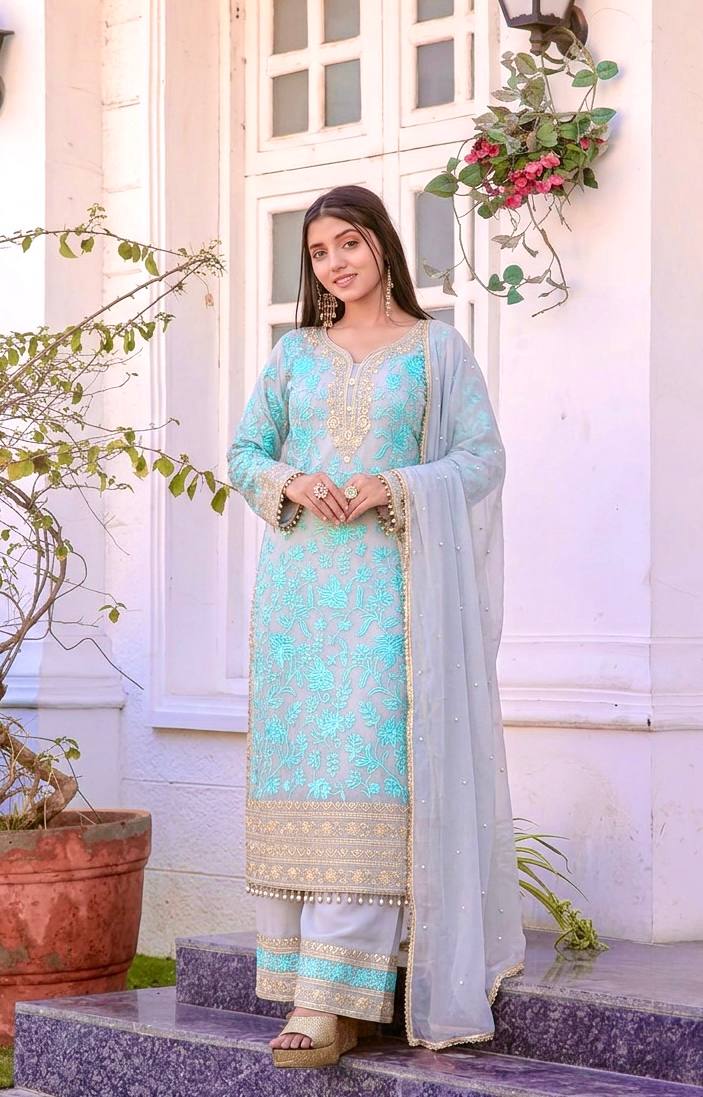 Elegant Pastel Blue Embroidered Straight Kurta & Pant Set with Dupatta