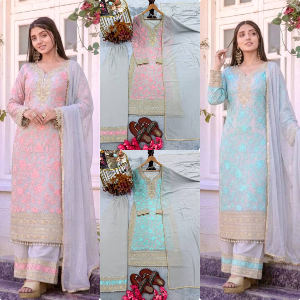 Elegant Pastel Blue Embroidered Straight Kurta & Pant Set with Dupatta