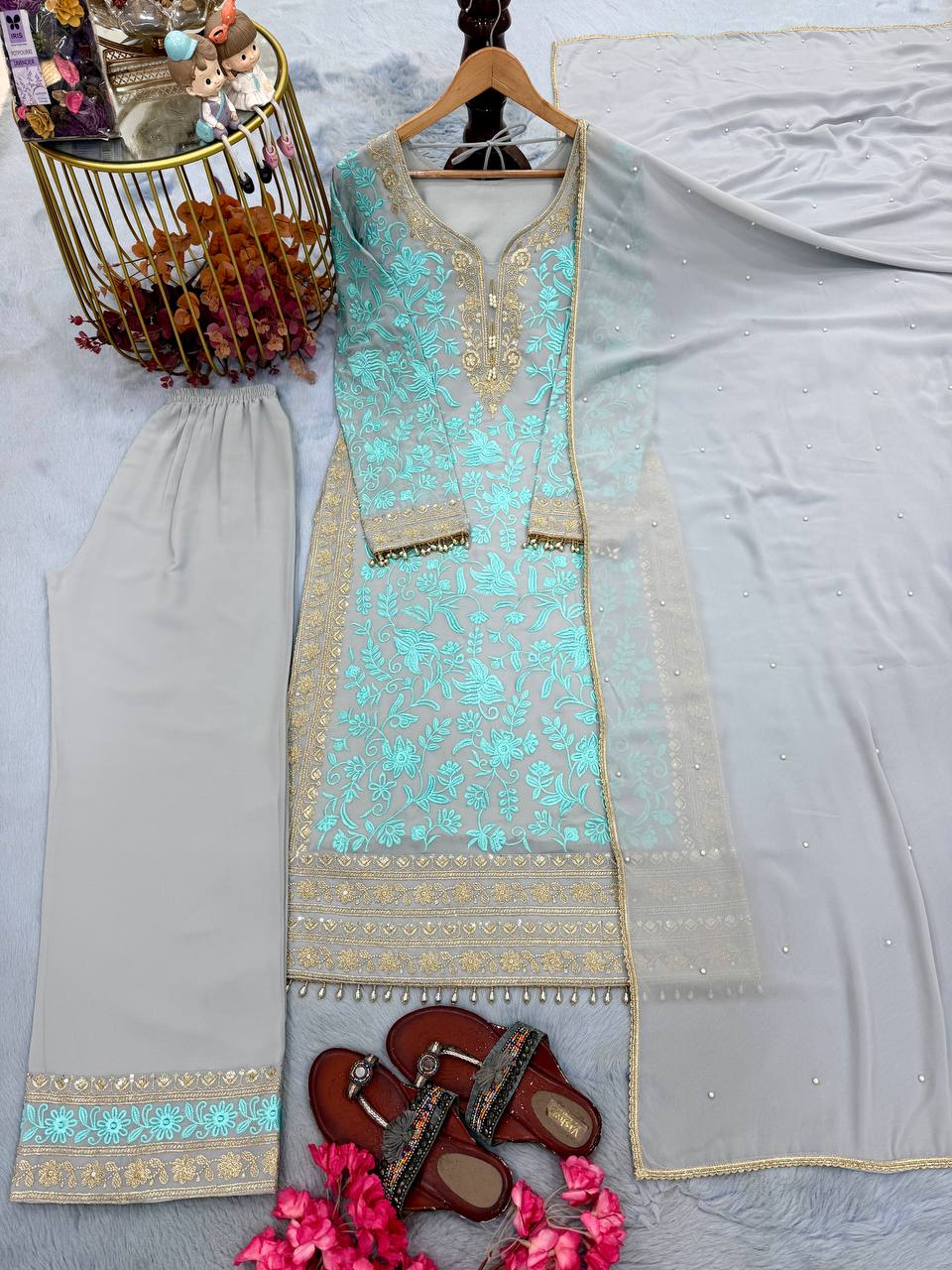 Elegant Pastel Blue Embroidered Straight Kurta & Pant Set with Dupatta