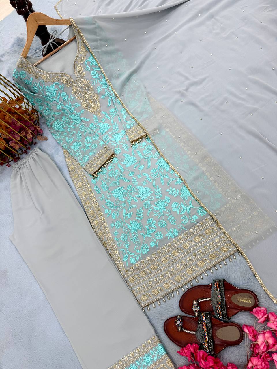 Elegant Pastel Blue Embroidered Straight Kurta & Pant Set with Dupatta