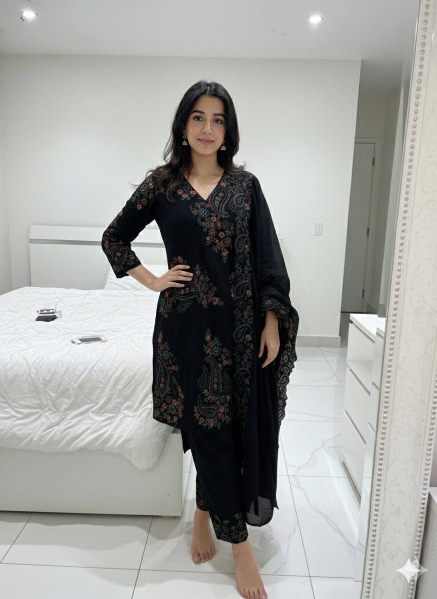 Designer Fendy Embroidered Top, Palazzo & Dupatta Set
