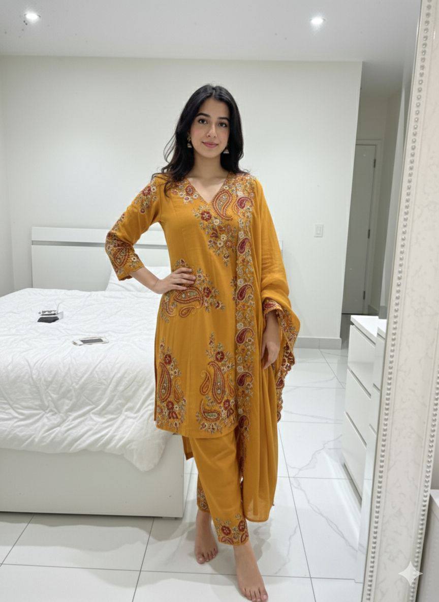 Designer Fendy Embroidered Top, Palazzo & Dupatta Set