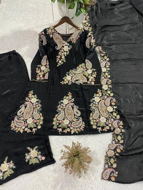 Designer Fendy Embroidered Top, Palazzo & Dupatta Set