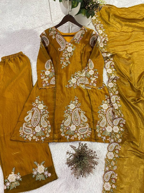 Designer Fendy Embroidered Top, Palazzo & Dupatta Set