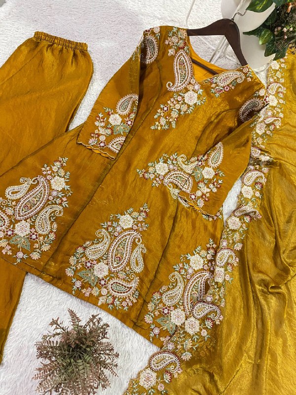 Designer Fendy Embroidered Top, Palazzo & Dupatta Set