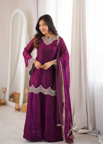 Designer Fendy Silk Mirror Work Sharara Set