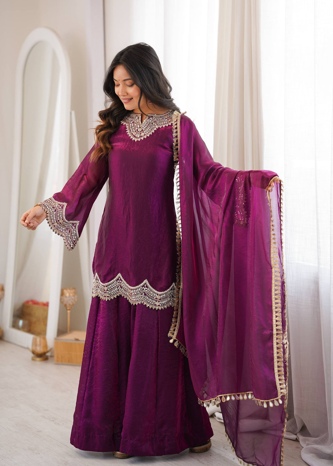 Designer Fendy Silk Mirror Work Sharara Set