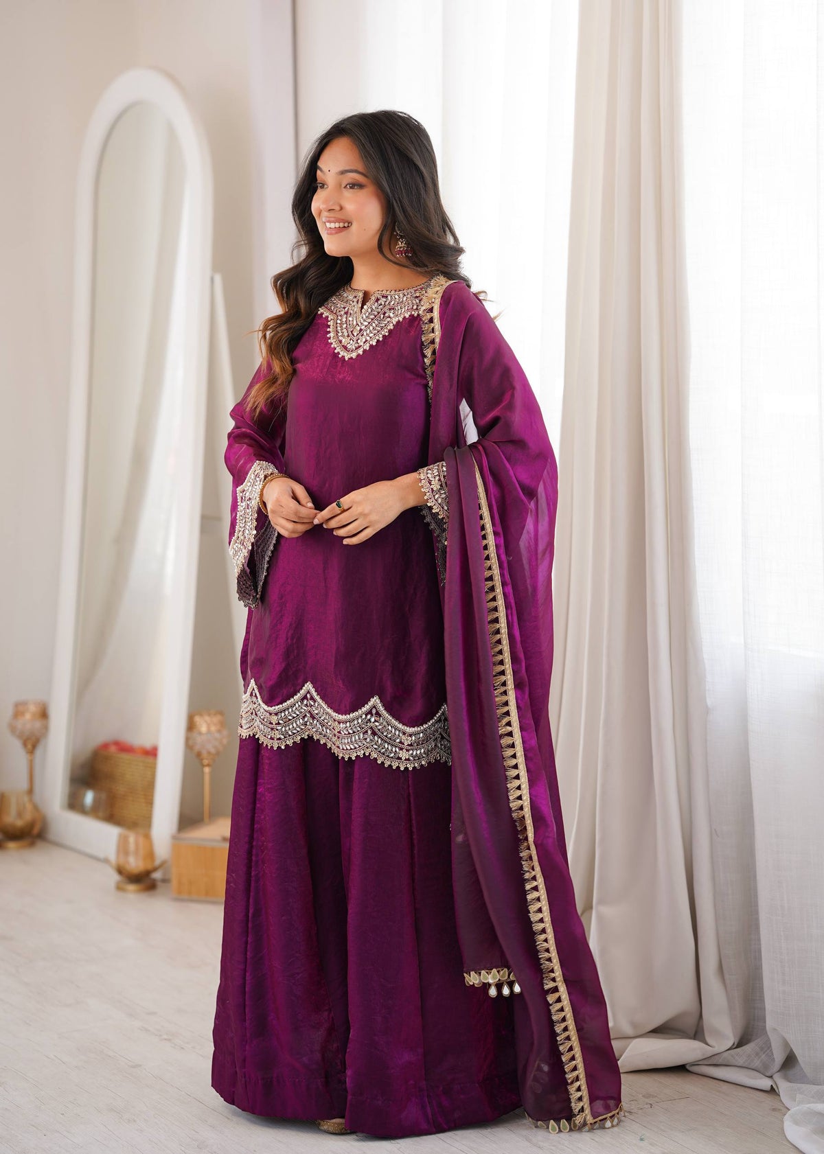 Designer Fendy Silk Mirror Work Sharara Set