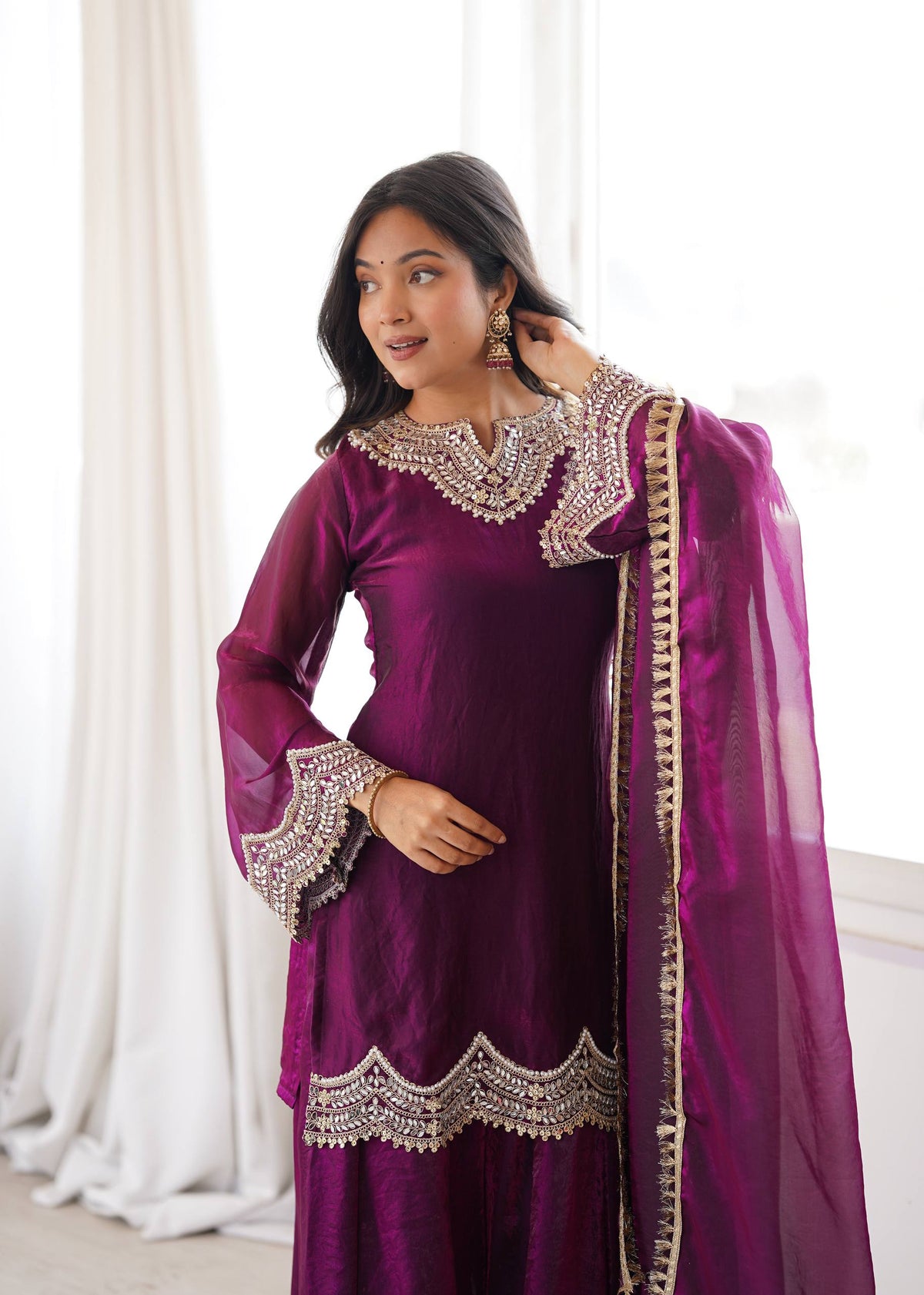 Designer Fendy Silk Mirror Work Sharara Set