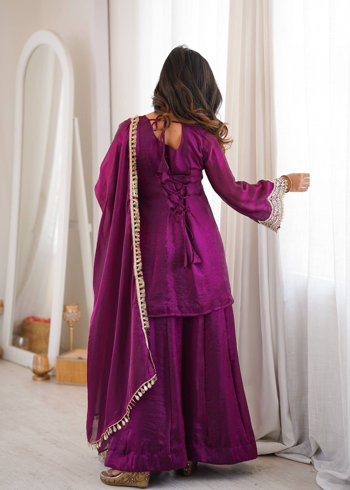 Designer Fendy Silk Mirror Work Sharara Set