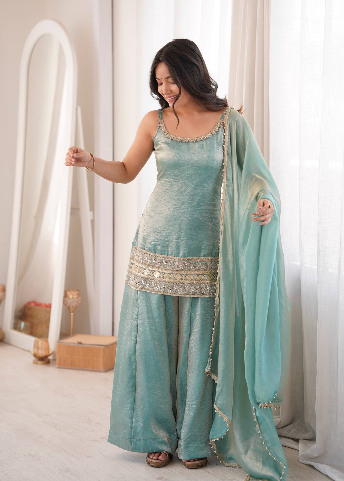 Designer Doremon Crush Mirror Work Palazzo Set