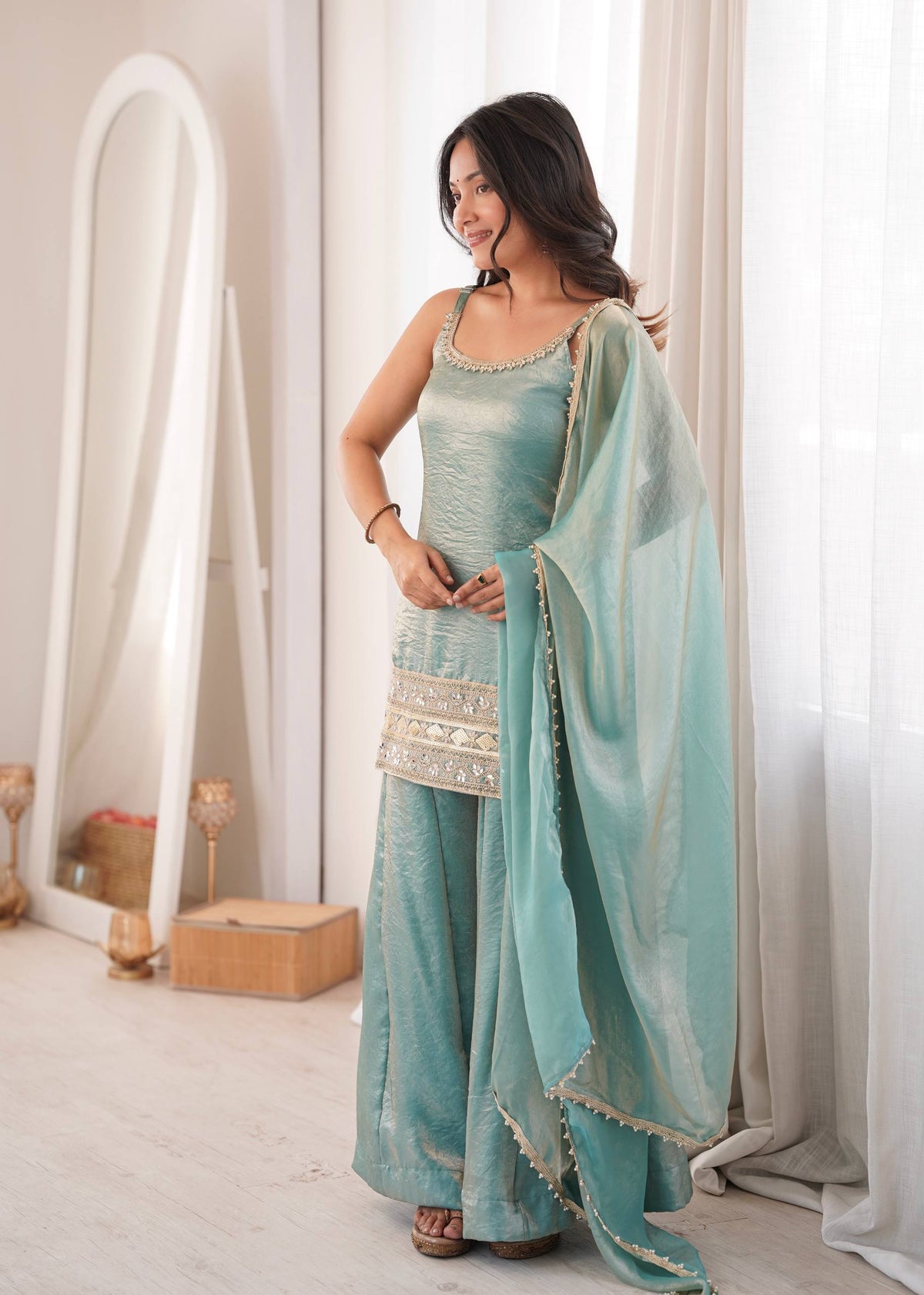Designer Doremon Crush Mirror Work Palazzo Set