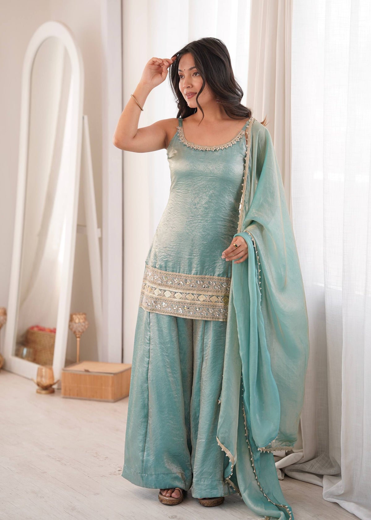 Designer Doremon Crush Mirror Work Palazzo Set