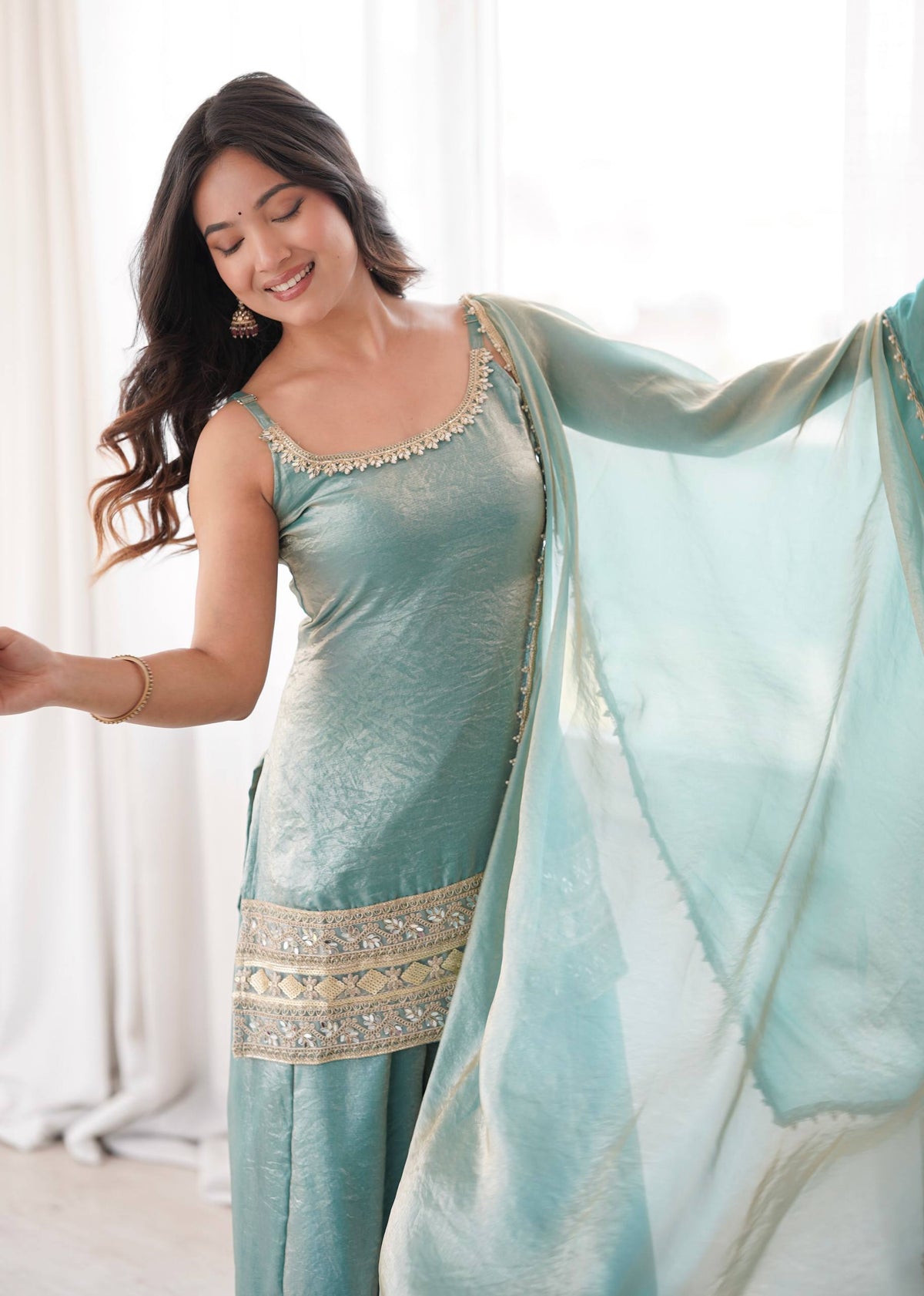 Designer Doremon Crush Mirror Work Palazzo Set