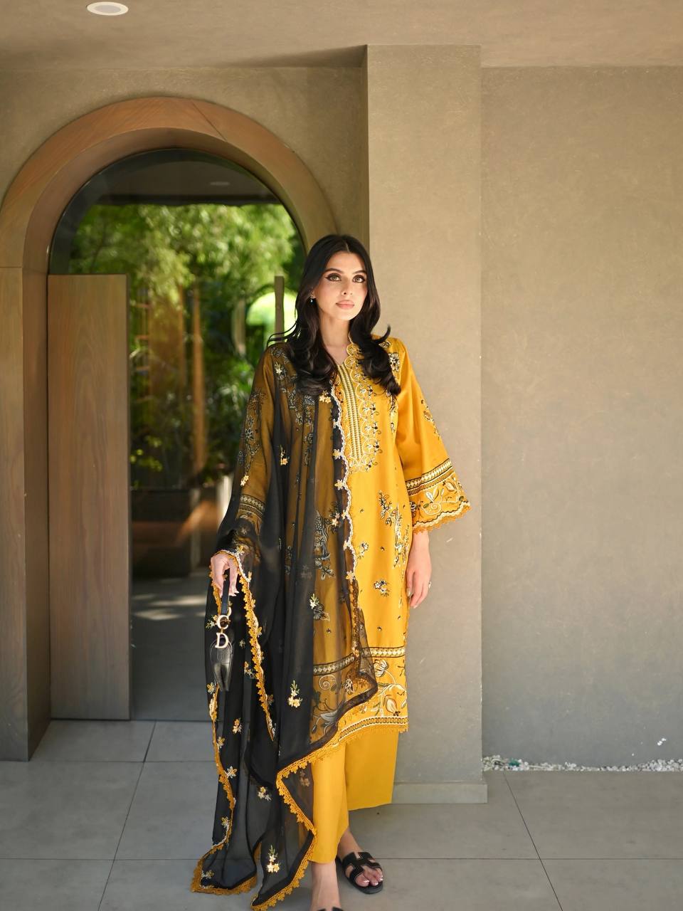Mustard Yellow Roman Silk Embroidered Kurti & Plazzo Set with Georgette Dupatta