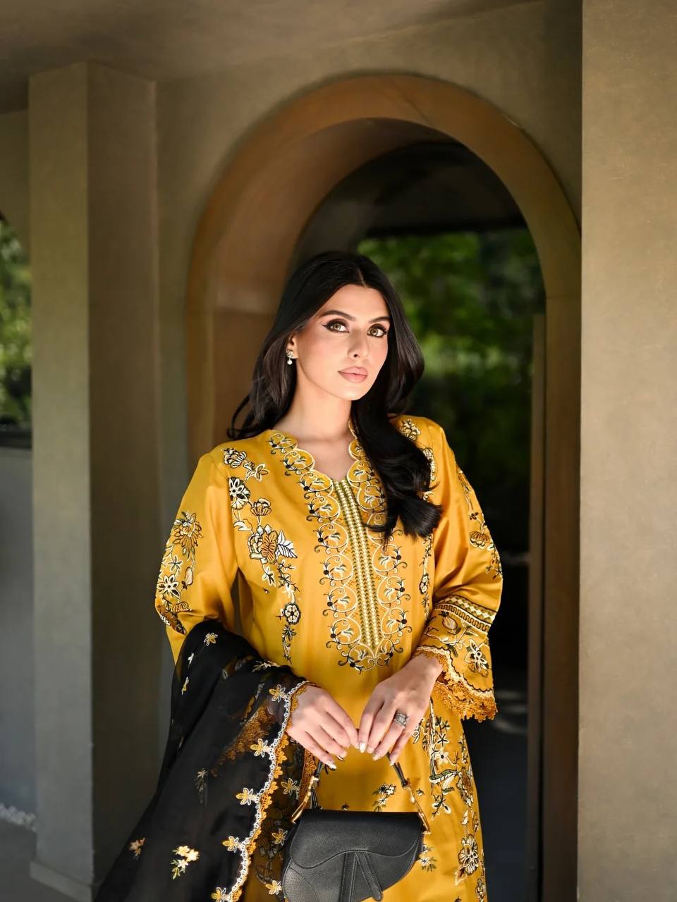 Mustard Yellow Roman Silk Embroidered Kurti & Plazzo Set with Georgette Dupatta
