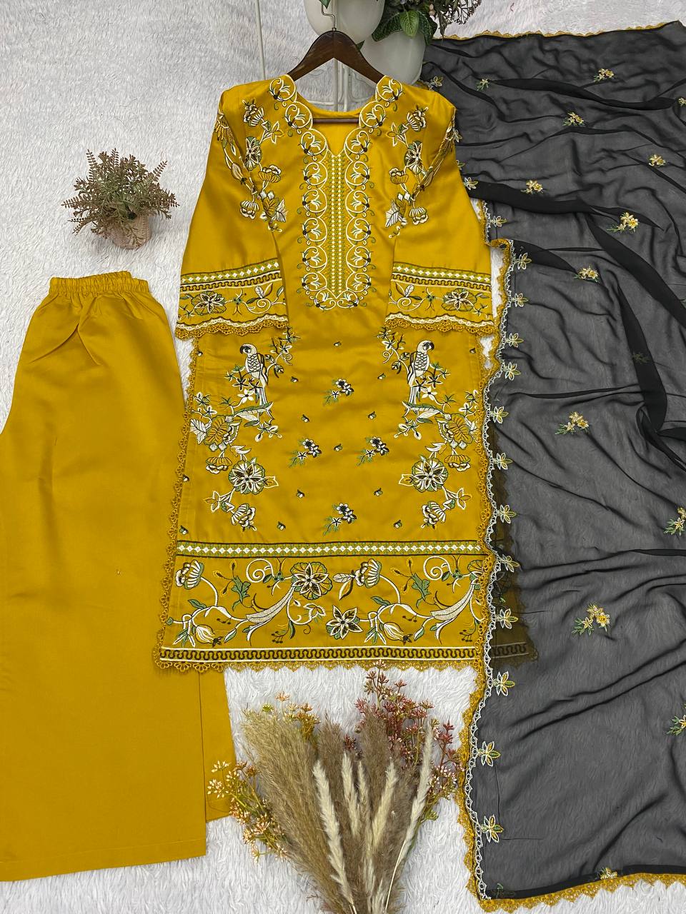 Mustard Yellow Roman Silk Embroidered Kurti & Plazzo Set with Georgette Dupatta